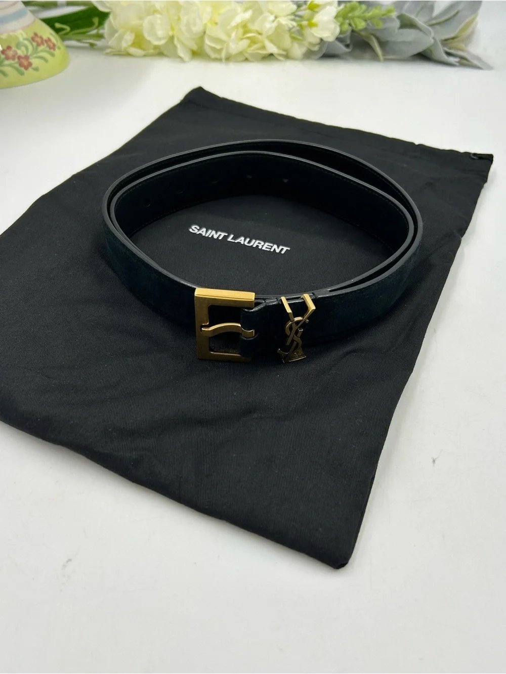 Women's Saint Laurent Black Suede Belt with Gold YSL Logo 80/32 inches